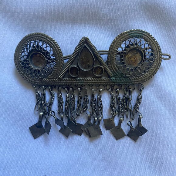 RARE ANCIENT BERBER STYLE BRONZE AMULET PENDANT HAIR CLIP ENGRAVINGS NO STONES - Picture 2 of 6